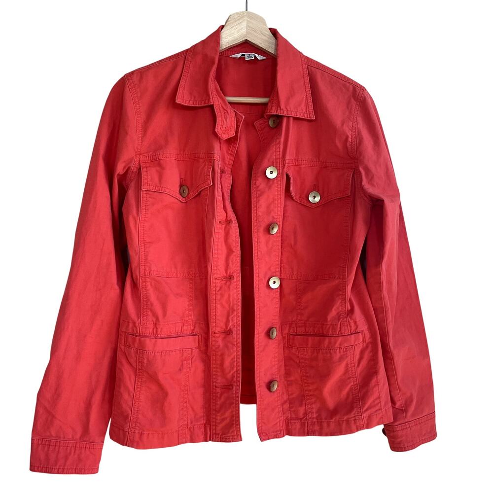 cAbi bright red orange‎ jean jacket dramatic statement piece women's S cotton